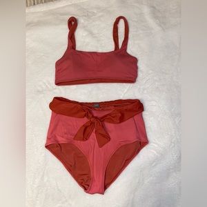 Coral/Pink Aerie Swim Suit—ribbed, highwaisted, tie front